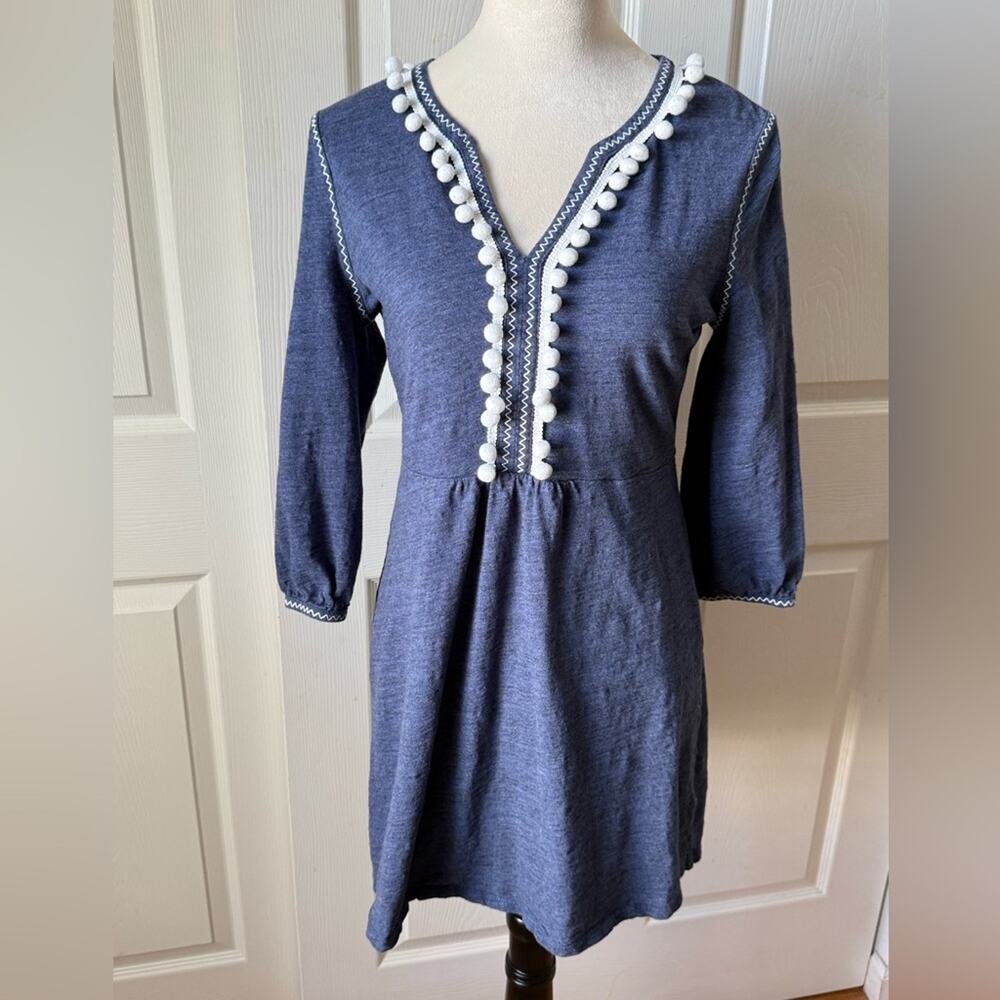 Boden Blue V Neck Carina Tunic Top‎ Pom Pom Trim Size 6R Coastal Casual Resort